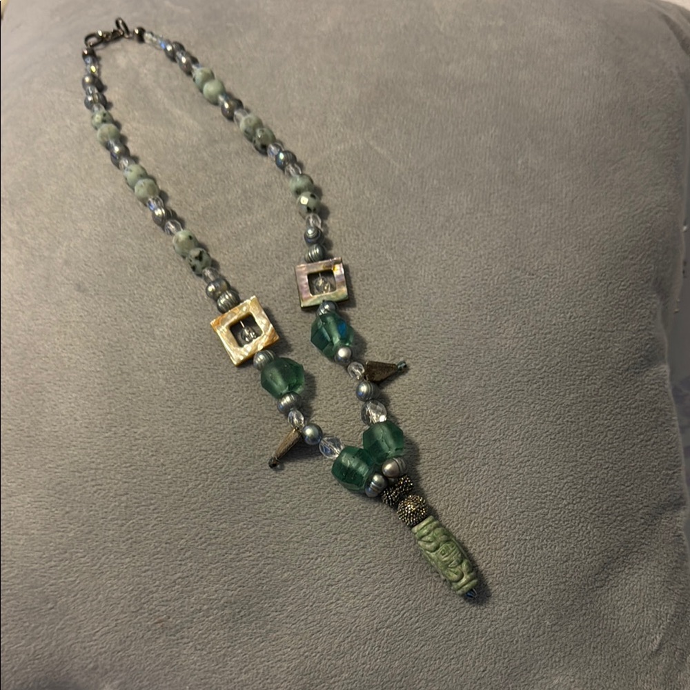 Green Asymmetrical Necklace with Stone Beads
